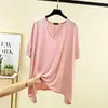 Nueva camiseta de diseño de verano de manga corta para mujer, tejido de modal, corte holgado, talla grande, cuello en V, camiseta básica versátil para mujer