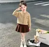 Conjunto de Suéter para Meninas Outono Inverno Novo Broche de Boneca Cor Sólida Conjunto de Saia Tricô Bebê Estiloso Estilo Coreano Vestido Princesa