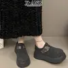 Sapatos Femininos Cinza de Lã Estilo Birkenstock com Solas Grossas, Mocassins que Aumentam a Altura, Forrados com Lã, Espessados, Sapatos de Algodão Quentes, Botas de Neve