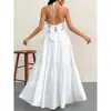 Vestido de Verano Nuevo Europeo y Americano de Color Sólido Sin Tirantes Sexy Espalda Descubierta con Tirantes Finos de Espagueti y Atado para Vacaciones en la Playa