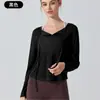 Camiseta de Yoga Transfronteriza para Mujer, Ropa Exterior para Fitness, Danza, Pilates, Manga Larga, Adelgazante, Transpirable, Blusa Deportiva de Cuello en V para Mujer