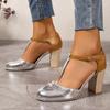 Sandalias de Tacón Alto Cerradas de Bloques de Color para Mujer de Comercio Exterior Europeo y Americano, Nuevas Sandalias de Moda Transfronterizas con Punta Redonda, Correa en T y Tacón Grueso, Tallas Grandes