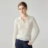 Cardigã branco 100% cashmere estilo francês, caimento solto, com gola polo vazada, um suéter modelador e folgado para mulheres, mangas compridas, perfeito para o outono