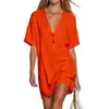 2026 Nuevo Vestido de Verano Holgado de Algodón y Lino con Mangas Cortas y Cuello en V, Moda Femenina Estilo Europeo y Americano Transfronterizo
