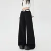 Blazer Casual Preto de Cintura Baixa para Mulheres, Outono e Inverno, Calça Reta de Perna Larga com Caimento Solto, Longa e Estendida