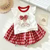 Conjunto de Duas Peças para Meninas: Camiseta de Verão Doce com Manga Bufante e Saia Tulipa Xadrez, Estilo Coreano, Doce, Fofo, para Bebê, Roupa Infantil Estilosa