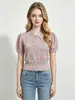 Top de Punto Abotonado con Mangas Abullonadas Estilo Chino Moderno Transfronterizo para Mujer, Blusa Corta de Verano/Primavera con Cintura Ajustada y Perlas, Venta al por Mayor desde Fábrica de Origen