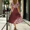 Vestido de verano con estampado étnico degradado transfronterizo europeo y americano, cuello en V, manga corta, holgado, con caída, abertura, midi