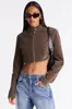 Chaqueta corta popular transfronteriza europea y americana con cuello alto de gamuza sintética para mujer, con cremallera, corte ajustado, corta, chaqueta de motociclista vintage