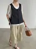 Chaleco de Dos Piezas Falsas Taochuan con Top de Manga Corta para Mujer, Cuello Redondo, Ajuste Holgado Adelgazante, Blusa de Lino con Lazo M8775