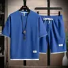 Conjunto de Duas Peças Masculino Tamanho Grande Waffle Shorts Verão Casual Masculino Solto Manga Curta Moderno Esportivo Conjunto de Duas Peças