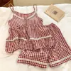 Pijama de Algodão Nuvem para Mulheres, Verão, com Bojo Embutido, Estilo Coreano, Doce, Xadrez, Conjunto de Camisola e Shorts para Casa, Pode Ser Usado Fora