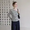 El nuevo top de Lyocell para principios de otoño presenta un diseño a rayas de un solo hombro, mangas largas y una cintura ajustada que acentúa la figura.