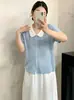 Ropa para mujer de talla grande, top juvenil de color block con cuello de muñeca, cárdigan para mujer, camiseta de manga corta, camisa de punto de talla grande para verano 2026