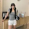Yunbu 6-8Camiseta simples e puramente desejável com decote U e manga curta para mulheres, verão, caimento justo na cintura, modelagem que afina, ombro normal 26015
