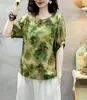 Playera Artística de Algodón y Lino para Mujer Top de Color Suelto Casual Retro para Viajar Verano Manga Corta Estampada a la Moda