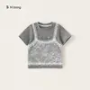 Ropa Infantil Youbao Camiseta para Niños con Parche de Encaje Falso de Dos Piezas Manga Corta Verano Nuevo Estilo Dulce Fresco Camiseta para Niños Grandes