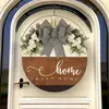 Cartel de Bienvenida a Casa de Madera Popular Transfronterizo con Lazo Rayado Cartel para Puerta Colgante para Exteriores Decoración de Flores Blancas de Primavera