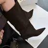 Versão em Couro Macio Elegante Bico Fino Salto Agulha Botas Longas Outono Novo Versátil Camurça Emagrecedor Salto Gatinho Botas de Equitação Salto Alto Botas Longas