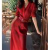 Vestido de punto rojo de alta calidad con cuello en V, disponible al por mayor, para mujer.