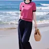 Conjunto Súper Elegante y Fresco de Top de Punto de Seda Helada de Manga Corta Adelgazante con Pantalones Harem Casuales Conjunto de Dos Piezas para Primavera 2026