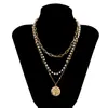 Joyería Transfronteriza Europea y Americana, Elegantes Accesorios de Cadena de Perlas para Mujer, Collar de Corazón Calado Geométrico de Doble Capa de Perlas