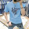 Camiseta de Hombre Manga Corta Algodón Puro Moda Nacional Estampado Denim Ajustada Versátil Ropa Moda Hombre Top de Media Manga Camiseta
