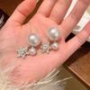 Brincos de floco de neve de diamante super flash estilo coreano, brincos femininos pendurados na parte traseira, brincos de pérola de duas peças, mesmos brincos de celebridades da Internet