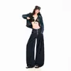 Pantalones vaqueros de mujer transfronterizos, estilo americano, pantalones de pierna ancha sueltos con pliegues de cuatro botones, pantalones largos de mezclilla azul crudo, azul mezclilla cruda extralargos