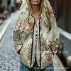 Sudadera de Algodón con Cuello Alto y Pliegues para Mujer 2025, Estampado Floral Retro, Rayas Otoño e Invierno, Botones, Sudadera para Mujer