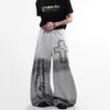 Pantalones Casuales Retro Americano 76Street con Estampado de Letras Desgastado y Dobladillo Curvo Unisex Holgados de Pierna Ancha