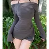 Blusa de Punto Transparente de Manga Larga de Alta Gama Traje de Baño Conservador de Tres Piezas Bikini Sexy para Mujer 3099