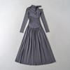 Vestido Largo de Fondo Estilo A de Manga Larga Ajustado con Pliegues en los Hombros para Mujer Otoño Vestido Plisado Irregular Estilo Grande