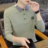 Camisas tipo Polo para Hombre de Primavera y Otoño, Camisetas de Manga Larga, Tops Casuales de Moda Ajustados con Rayas Bordadas