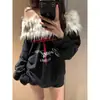 Moletom Feminino Americano Estilo Retro Picante com Gola de Pelo de Um Ombro e Manga Longa, para Primavera e Outono, Loose Preguiçoso, Ombro a Ombro, Gola Diagonal, Tendência
