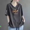 Camiseta Estilo Mãe de Comércio Exterior com Desconto Transfronteiriço, Gola V de Manga Curta para Mulheres, Blusa Estampada de Manga Meia-Manga Soltinha Plus Size para Mulheres