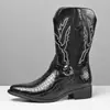 Botas de Vaquero Occidentales para Hombre con Patrón de Cocodrilo Puntera Puntiaguda Caña Media Botas Estilo Británico Hebilla Bordada Botas de Montar Hombres Modernas