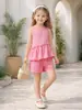 Conjunto de Verano Rosa de Chaleco y Shorts para Niñas Transfronterizo, Conjunto de Dos Piezas Infantil con Volantes en Tela Arrugada, Ropa Infantil en Stock