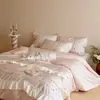 Conjunto Bordado de Algodão Egípcio de Fibra Longa 100S Estilo Romântico Francês de Luxo Conjunto de Quatro Peças Capa de Edredom com Renda Lençol de Cama Roupa de Cama para Todas as Estações