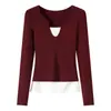H403 Top de Manga Larga para Mujer con Cuello en V, Empalme Estilo Retro Americano, Falso Dos Piezas, Corte Ajustado y Diseño Elegante para un Look de Chica Atrevida