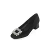 Tacones Altos Elegantes Negros de Terciopelo Estilo Chanel con Pedrería, Nuevos Zapatos de Moda Coreana con Tacón Grueso y Boca Baja para Mujer