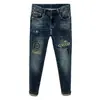 Jeans Masculino Tendência Estilo Coreano Cinza Escuro Bordado Artesanal Pesado Slim Fit Perna Afunilada Calças Estilo Americano Primavera e Outono Calças Longas