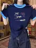 Camiseta de Manga Corta con Cuello Redondo Estilo Americano para Mujer, Diseño de Letras de Perro en el Hombro Derecho, Nueva Superior Casual Versátil de Bloques de Color para Verano