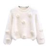 Suéter de gola redonda com flores, pulôver feminino, outono e inverno, doce, tridimensional, indústria pesada, 2024, estilo universitário, base feminina, top