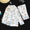 Conjunto de ropa de casa para niños con cuello de solapa, adecuado para primavera y otoño, fino y ligero, cárdigan de manga larga, estilo coreano, pijama de algodón con estampado de nubes para niñas