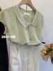 Polo de Lapela Cinza Francês em Seda Gelo Camiseta de Manga Curta Feminina Verão Manga Pequena Voadora Ombro Top Tricotado Fino