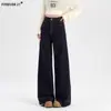 Jeans Wide-Leg Azul Denim Americano com Micro Flare para Mulheres, Calças Flared Tendência Nova com Caimento Solto Comprimento Total para Primavera e Verão