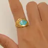 Anel de aço inoxidável com pedra colorida incrustada retrô Amazon, anel de dedo indicador com abertura redonda de gota de óleo, feminino