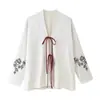 Comércio Exterior Verão Novo Roupa Feminina Estilo Europeu e Americano Fashionável Versátil Linho Bordado Estilo Kimono Camisa Peça de Roupa Externa