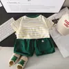 Ropa de Comercio Exterior Rayada para Niños Lindo Oso de Dibujos Animados 2026 Verano Cuello Redondo Bloque de Color Ropa Infantil Manga Corta Conjunto de Dos Piezas